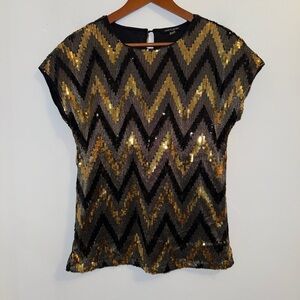 Cable & Gauge Women's Black/Gold Crew Neck Zig Zag Sequin Top, Sz Small